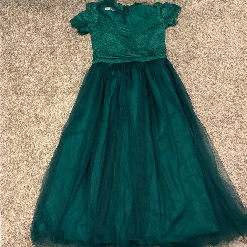 Girls Dark Green Lace & Tulle Party Dress